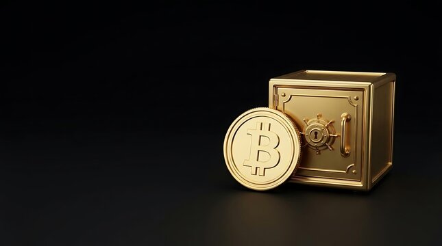 Golden bitcoin next to secure safe box.