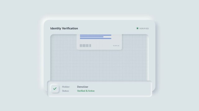 Identity verification interface animation showing ID card scanning, data extraction and successful verified status for secure digital onboarding and KYC authentication