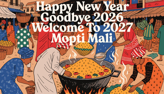 Happy New Year Mopti Mali 2027: Vibrant Market Scene, Cooking Rice, Festive Celebration
