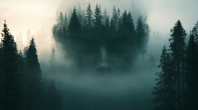 Mysterious forest landscape shapes into a colossal face within thick fog, evoking a surreal and dreamlike atmosphere, perfect for fantasy concept art