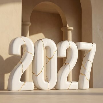 Three dimensional white marble numbers for the year 2027 decorated with elegant gold kintsugi cracks standing in front of architectural arches