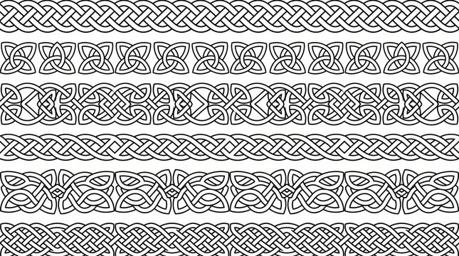 Set of intricate celtic knotwork seamless borders and decorative design elements