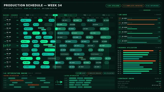 Gantt Neural Scheduler interface showcases a vibrant jade neon production schedule with AI optimization insights and conflict detection for efficient resource management.
