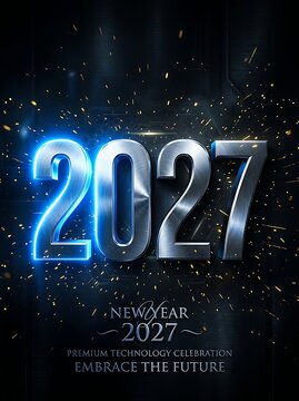 Futuristic metallic 2027 new year celebration design with glowing blue neon light effects and digital sparks on a dark background