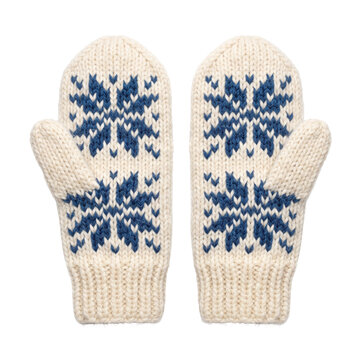 Pair of knitted wool winter mittens with snowflake pattern