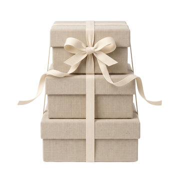 Stack of three textured linen gift boxes with ribbon