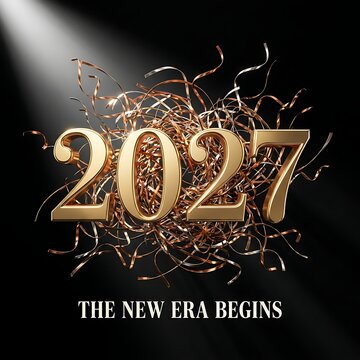 Golden metallic 2027 new year sign with abstract swirl elements