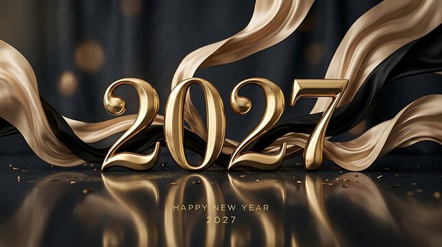 Golden metallic 2027 numbers with elegant flowing silk ribbons on a dark reflective surface for new year celebration