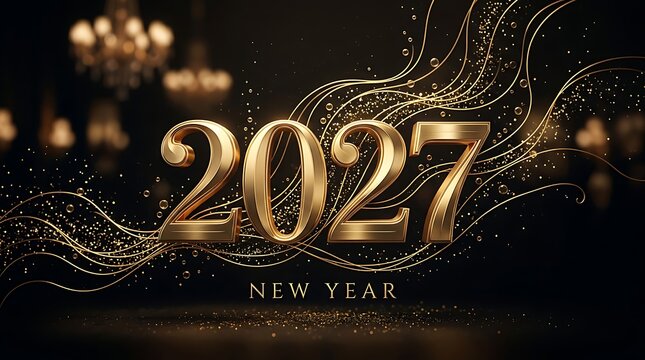 Golden metallic 2027 text with swirling glittery lines on a dark background for new year celebration