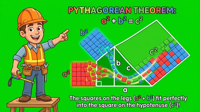 Cartoon builder explaining the Pythagorean theorem with geometric square blocks