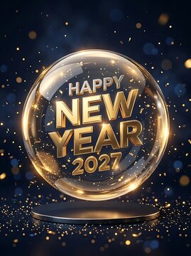 Happy New Year 2027 gold 3D text inside a glowing crystal sphere with festive confetti