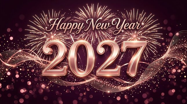 Happy New Year 2027 greeting card with rose gold metallic numbers and bright firework displays in background