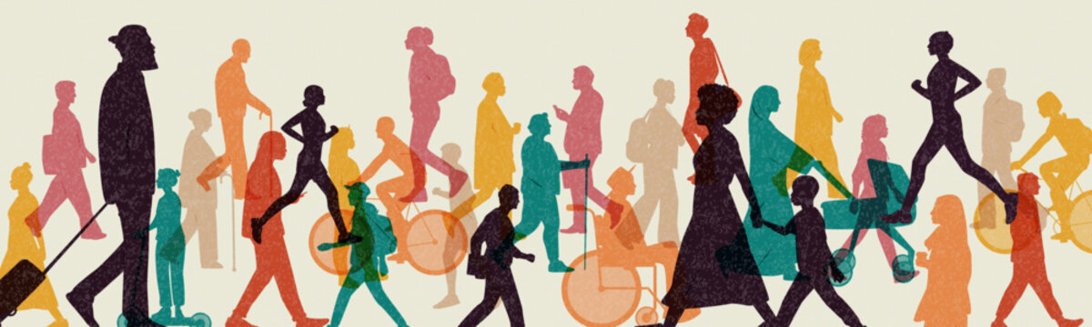Background with different people silhouettes. Colourful design.	