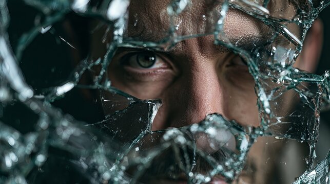 Man's intense gaze appears through fractured glass, evoking feelings of entrapment and vulnerability, concept representing confinement and challenging perspectives