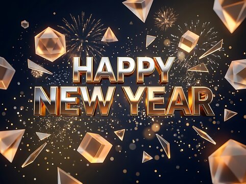 Happy New Year text with gold letters and floating geometric crystal shapes