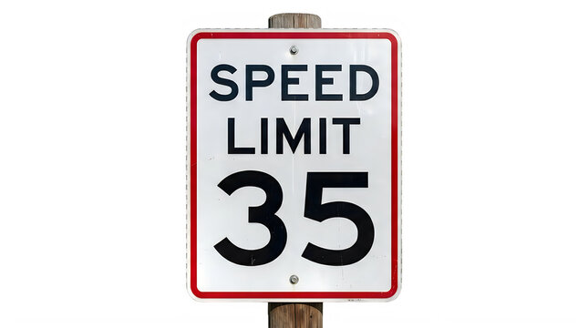 A standard rectangular metal speed limit sign displaying the number thirty-five in bold black lettering against a white background with a thin red border Isolated on transparent background PNG