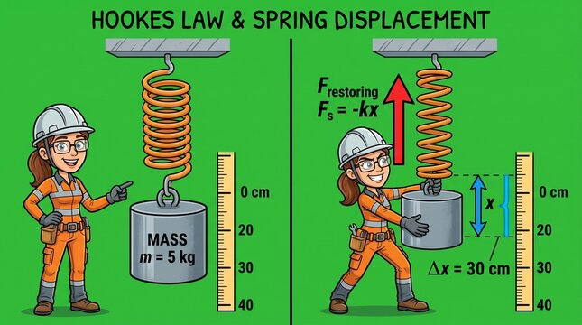 Cartoon engineer explaining Hookes Law and spring displacement physics experiment