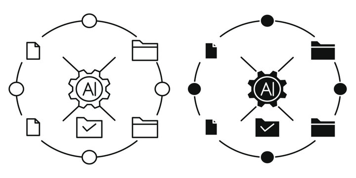 AI Agent Automation Concept with Artificial Intelligence Gear, Document Files, and Workflow Management Vector Line and Glyph Icon Set