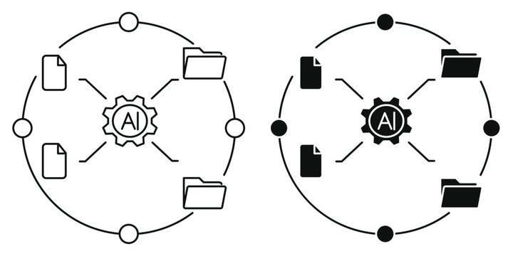 AI Agent Automation Icon, Artificial Intelligence Data Processing Vector, Workflow Network Concept Set Line Glyph Editable Stroke