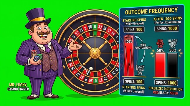 Cartoon gambler with roulette wheel and probability statistics chart on green background