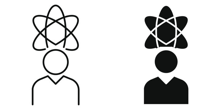 AI Agent Icon, Artificial Intelligence Assistant Concept Vector Illustration, Smart Human Mind Science Atom Technology Symbol, Editable Stroke Line and Glyph Silhouette Graphic Set Isolated