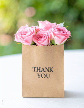 Small paper bag with delicate pink rose flowers, text THANK YOU on the front, graceful floral gift concept, soft natural daylight, blurred garden backdrop. Close-up.