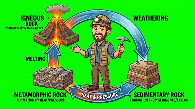 Cartoon geologist explaining the rock cycle diagram with igneous and sedimentary rock types.