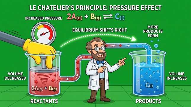 Cartoon professor explaining Le Chatelier's principle of chemical pressure equilibrium
