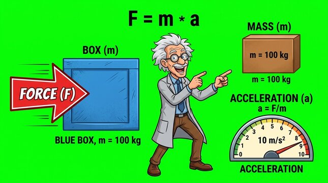 Cartoon professor explaining physics formula of force equals mass times acceleration.