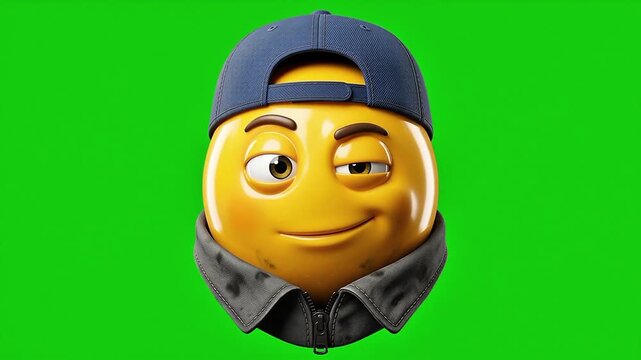 Cool Teenager Emoji Emoticon Winking with Backward Baseball Cap on Green Screen Background