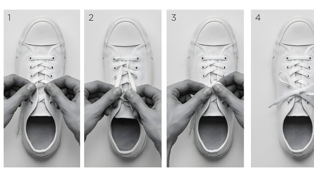 Tying shoelaces step by step on white sneakers for practical instruction.