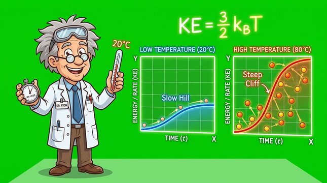 Cartoon scientist celebrates kinetic energy formula with thermodynamics graph and Boltzmann constant display