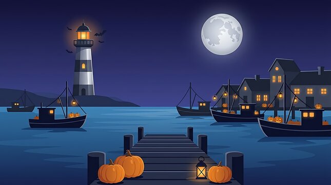 Halloween night seascape with lighthouse pier boats full moon and pumpkins