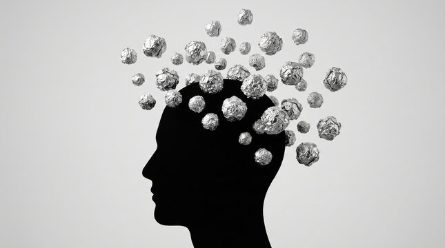 Silhouette profile of human head with tinfoil balls exploding