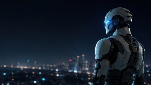 Advanced humanoid robot observing a futuristic cityscape at night, contemplating artificial intelligence and the future of technology.