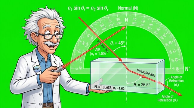 Physicist demonstrating light refraction with a laser and glass block on green screen