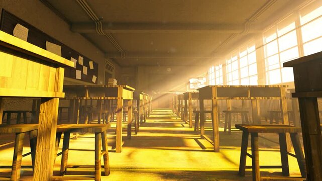 Warm sunlight streamed through the windows of the empty classroom