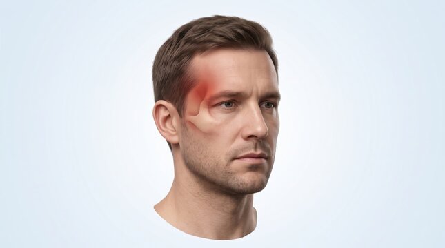 Migraine shown in premium minimal medical CGI with unilateral fronto temporal pain and restrained tissue emphasis on clean pale blue neurological background.
