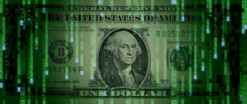 Digital Cash Concept with One Dollar Bill made from Animated Code. Blockchain Finance Background.