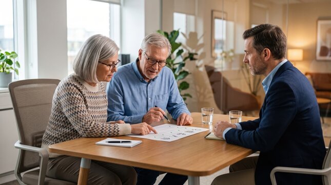 Healthcare coverage becomes central to retirement planning as older couple compares insurance choices with advisor and prepares for future medical costs and care together.