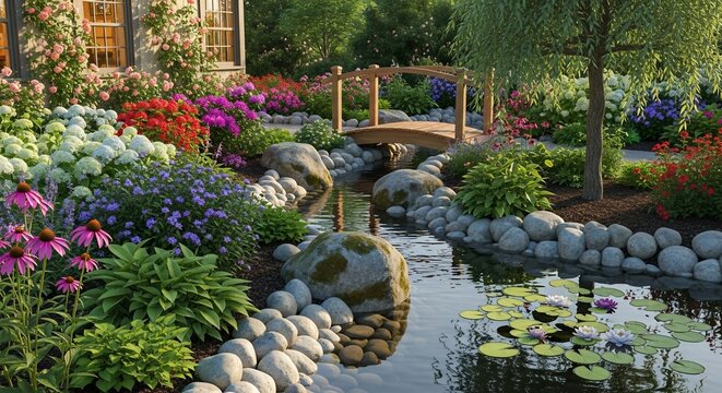 Tranquil garden landscape scene