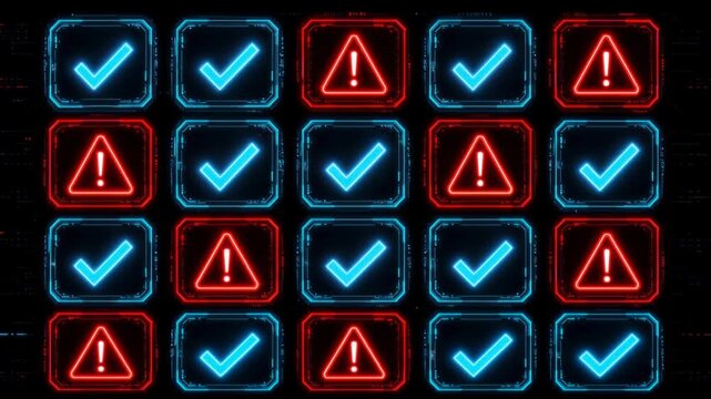 Futuristic digital user interface with neon check marks and warning symbols in blue and red colors
