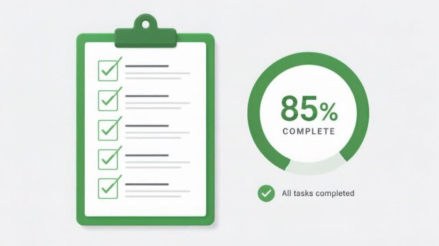 Green checklist with completed tasks and 85 percent progress circle indicating productivity and task management