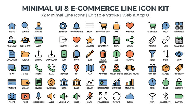 Line icons kit for websites, apps, and e-commerce projects, featuring a minimal style with editable strokes
