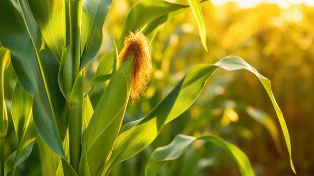 Close up of green corn plant with fresh leaves and golden sunlight in agricultural field