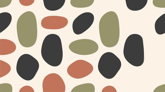 Minimalist repeating pattern of large colorful abstract oval shapes on beige background with minimalist