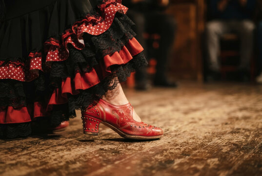 Spanish flamenco dance performance, dress and shoes for cultural celebration background.