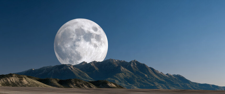 Lunar Majesty Over Mountains A colossal full moon hangs dramatically in a clear blue sky, rising majestically behind a rugged mountain range, casting a surreal glow over the barren landscape.