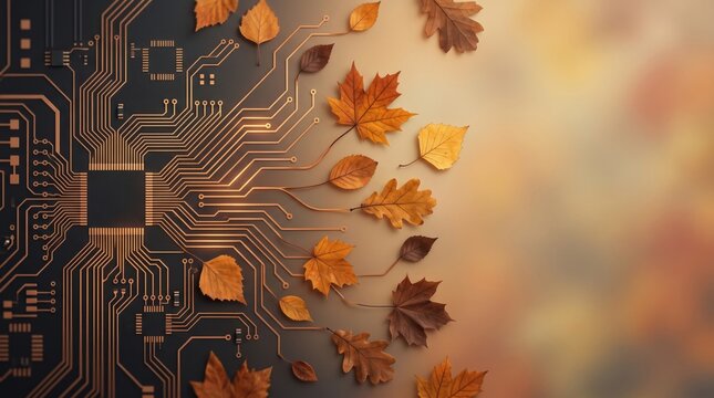 Creative autumn composition of an electronic circuit board with copper traces transforming into colorful fallen leaves, combining technology, nature and seasonal innovation. Copy space