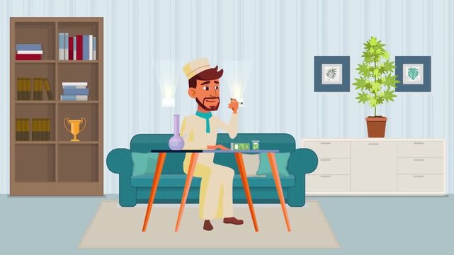 2D Animated Arab Man Sitting on Sofa Smoking Shisha Hookah in Living Room Interior Flat Vector Character Animation Footage
